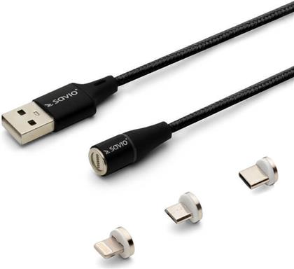 Savio Magnetic USB to Lightning / Type-C / micro USB Cable Μαύρο 2m (CL-155) από το e-shop